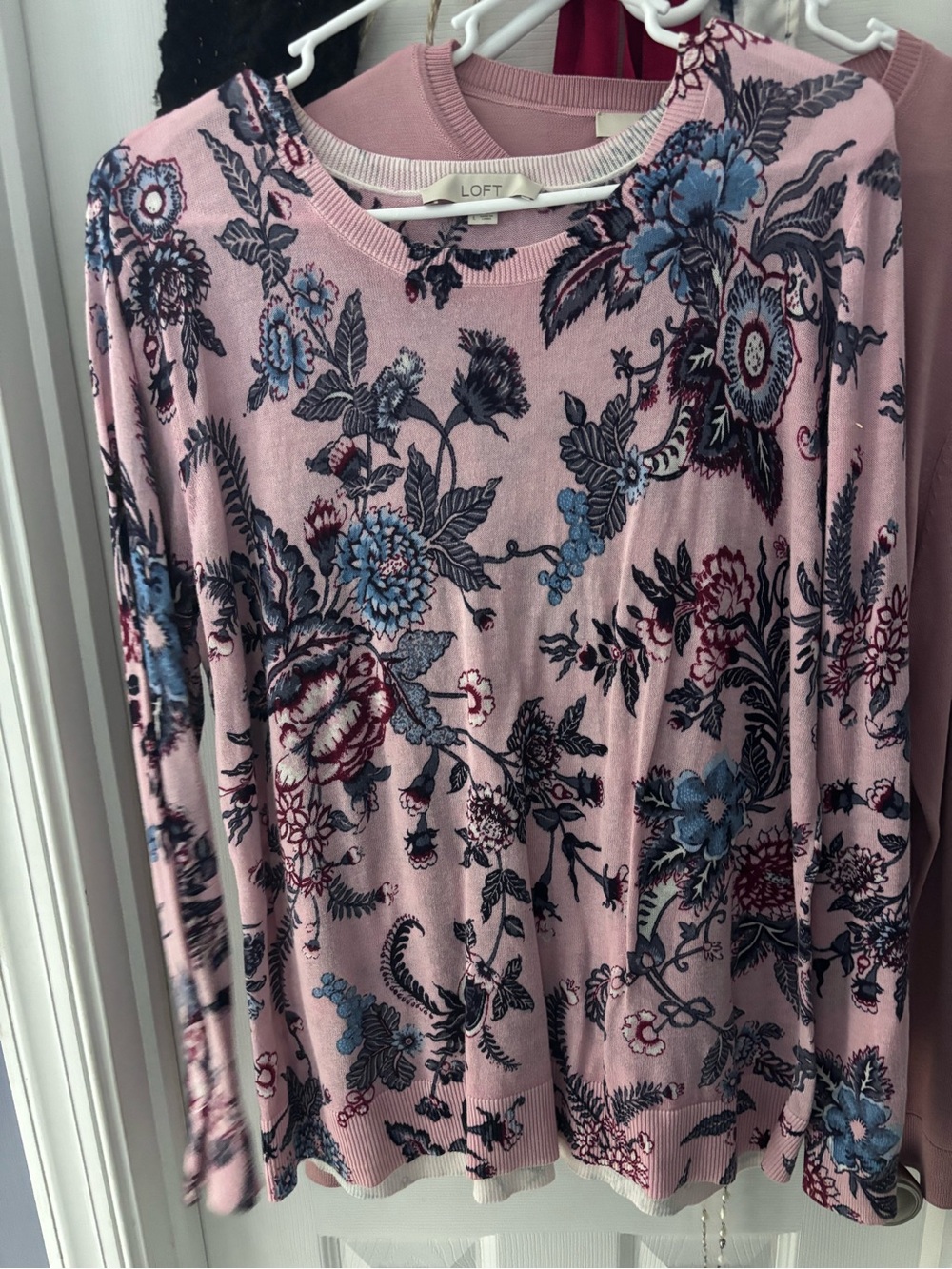LOFT Pink Floral Long-Sleeve Knit Top with Blue and Burgundy Accents